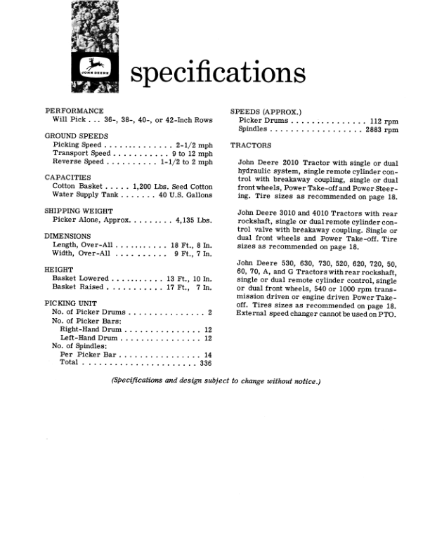 John Deere 122 One-Row Cotton Picker (000101-) Operator’s Manual (OMN97594N) Workshop Guide