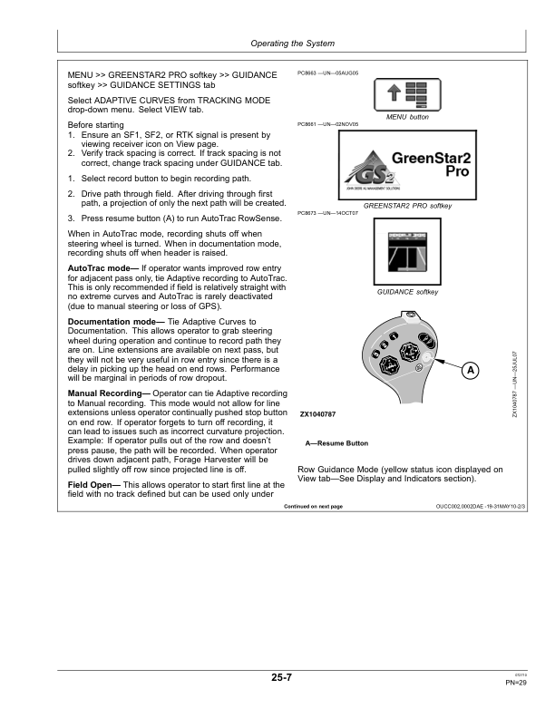 John Deere AutoTrac RowSense SPFH Forage Harvester Operator’s Manual (OMPFP10199) Workshop Guide