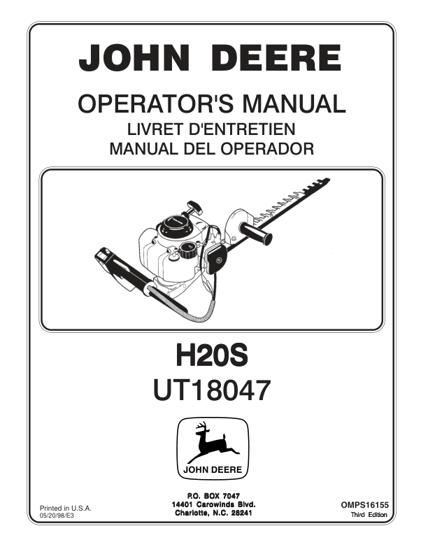 John Deere H20S-Hedge Trimmer (UT18047) Operator’s Manual (OMPS16155) Workshop Guide