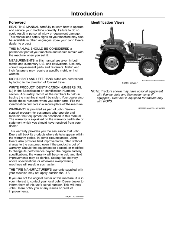 John Deere 5050E Tractors (JD Asia Edition) Operator’s Manual (OMSJ42872) Workshop Guide