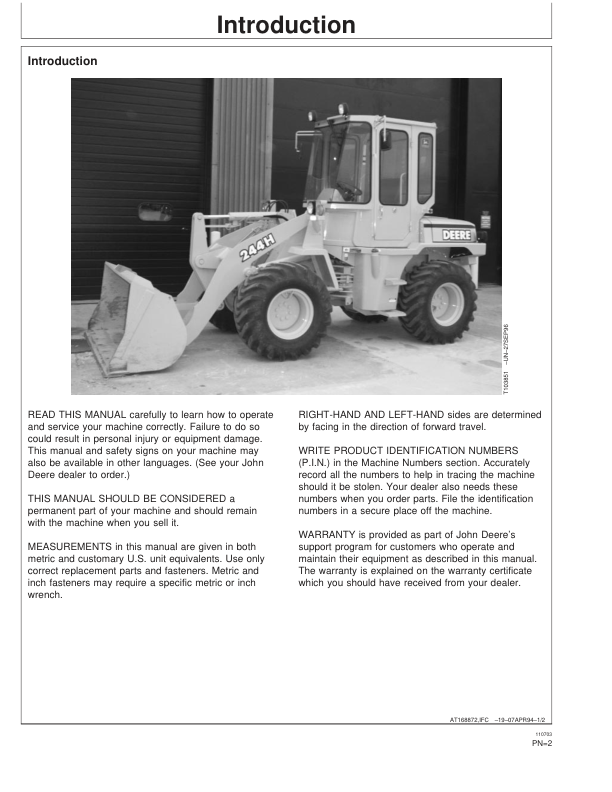 John Deere 244H Loaders Operator’s Manuals (OMT164415) Workshop Guide
