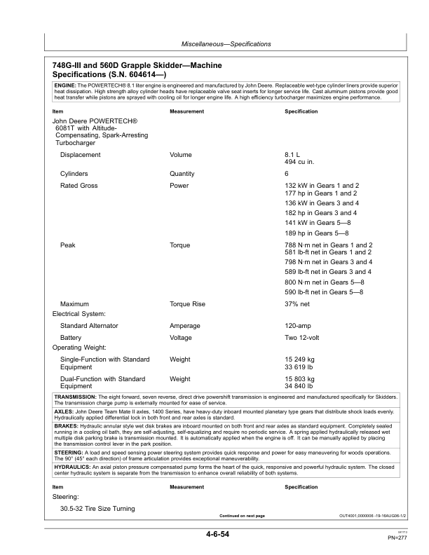 John Deere 540GIII, 548GIII, 640GIII, 648GIII, 748GIII, 360D, 460D, 560D Skidders Operator’s Manuals (OMT206226) Workshop Guide