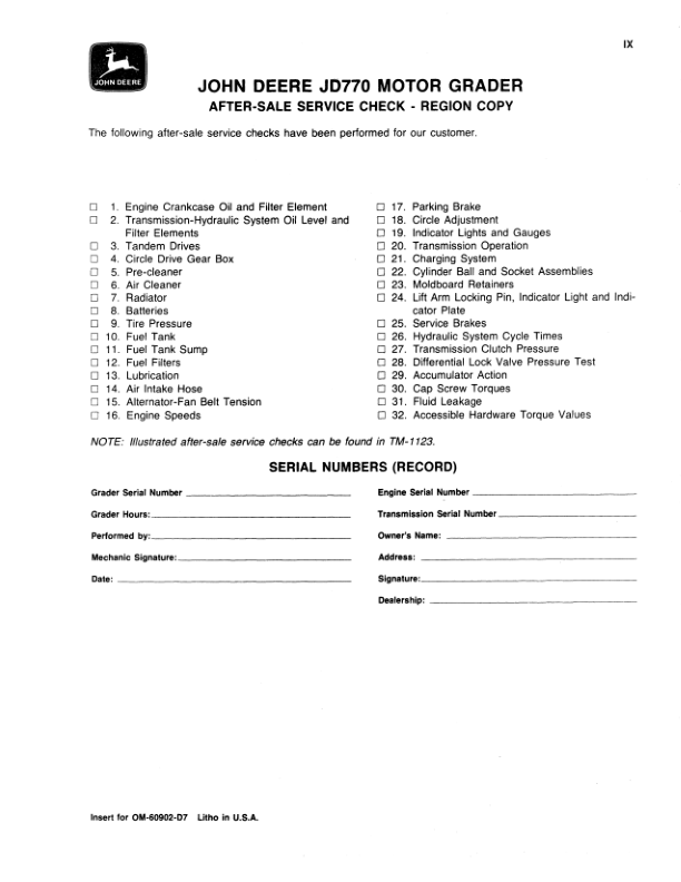 John Deere 770 Motor Graders Operator’s Manuals (OMT60902) Workshop Guide