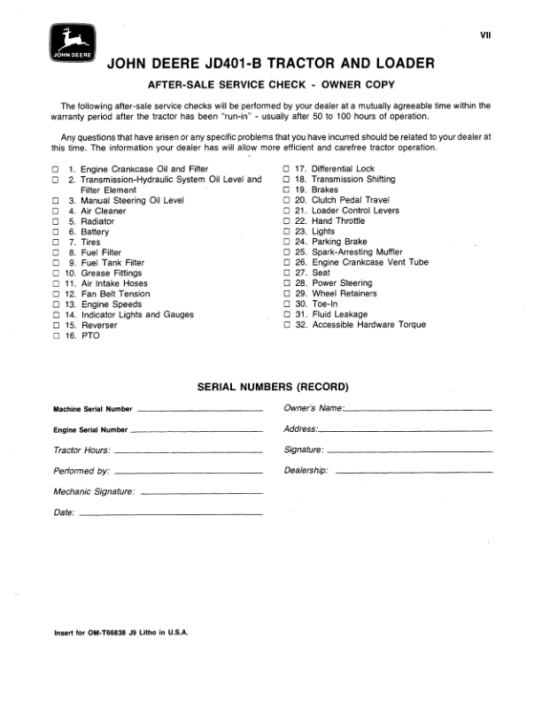 John Deere 401B Tractors Operator’s Manuals (OMT66838) Workshop Guide