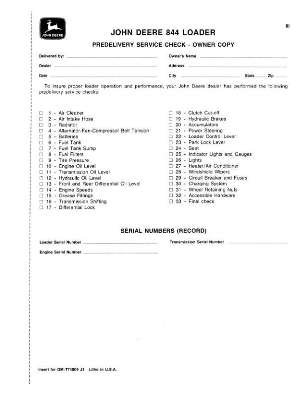 John Deere 844 Loaders Operator’s Manuals (OMT74006) Workshop Guide