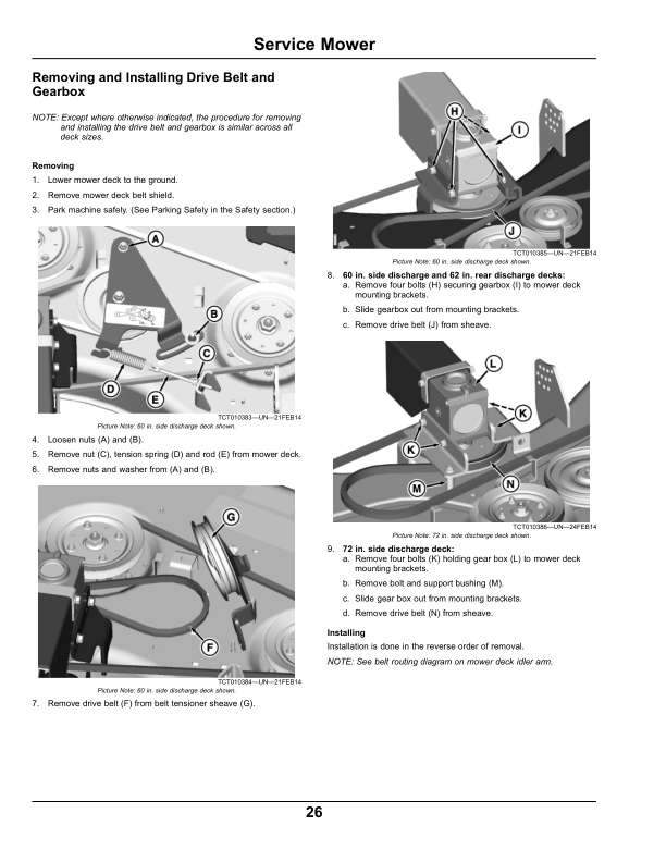 John Deere 60, 72 in. Side Discharge, 62 in. Rear Discharge Mower Decks for Front Mount Mowers (North America) (010001-) Operator’s Manual (OMTCU33424E) Workshop Guide