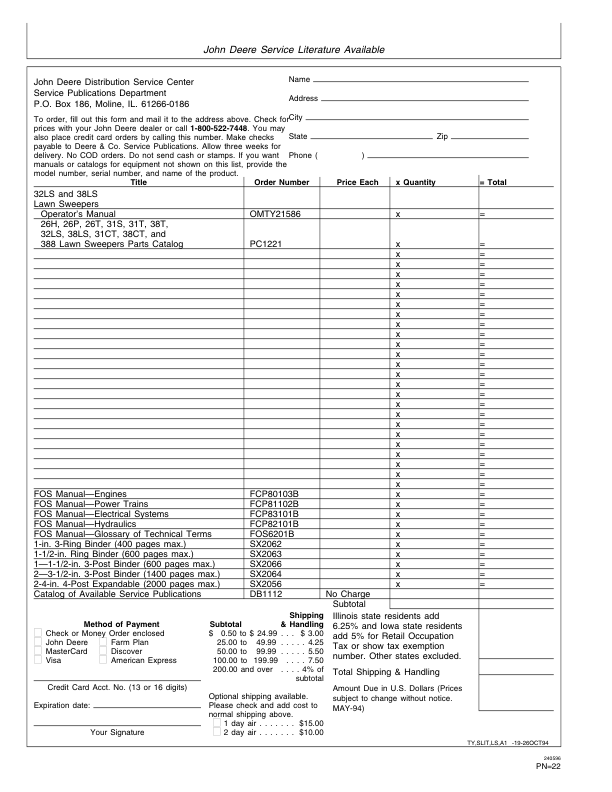 John Deere 32LS & 38LS Lawn Sweepers Operator’s Manual (OMTY21586) Workshop Guide