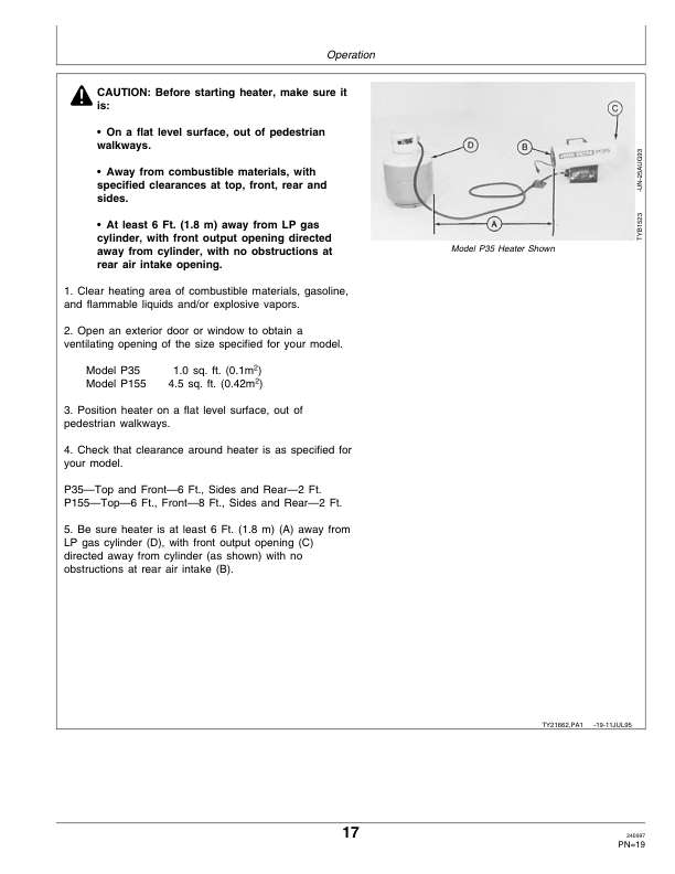 John Deere P35, P155 LP Gas Portable Space Heaters Operator’s Manual (OMTY21662) Workshop Guide