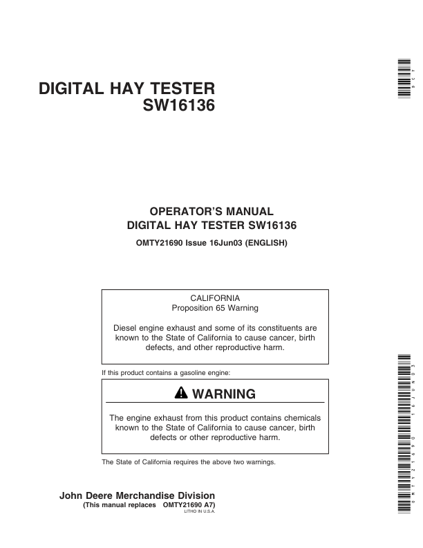 John Deere Digital Hay Tester SW16136 Operator’s Manual (OMTY21690) Workshop Guide