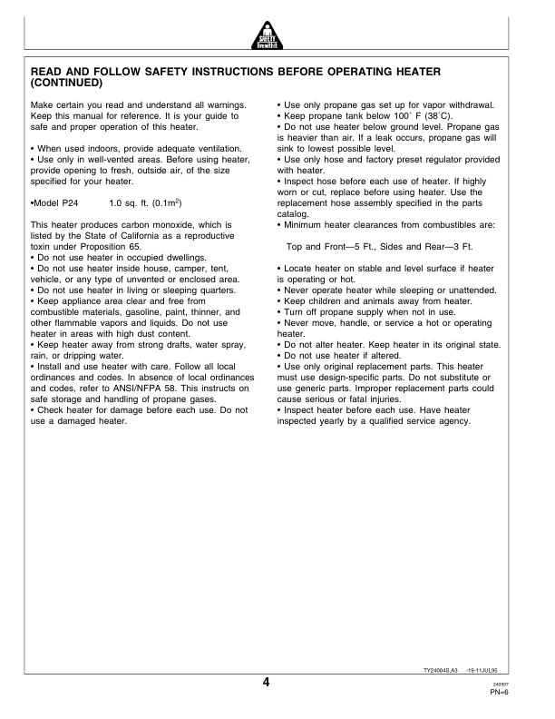 John Deere P24 LP Gas Portable Space Heater Operator’s Manual (OMTY24004) Workshop Guide