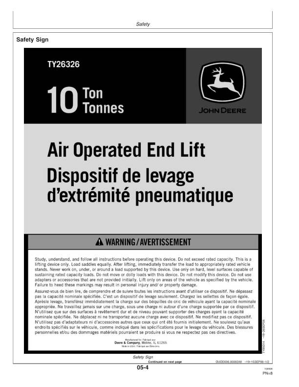John Deere John Deere TY26326 10-Ton Air Operated End Lift Operator’s Manual (OMTY26301) Workshop Guide