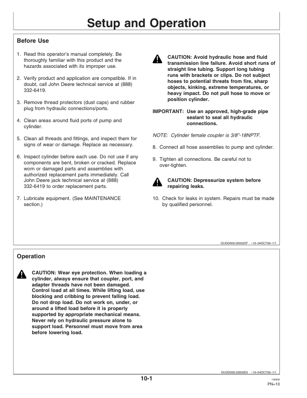 John Deere John Deere TY26327 30-Ton Aluminum Cylinder Operator’s Manual (OMTY26302) Workshop Guide