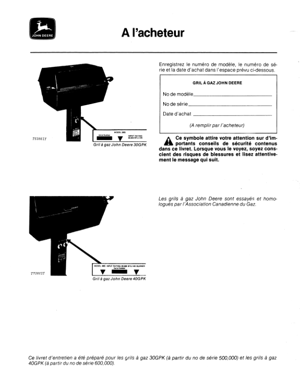 John Deere 30GPK, 40GPK Gas Grills Operator’s Manual (OMTY3915) Workshop Guide