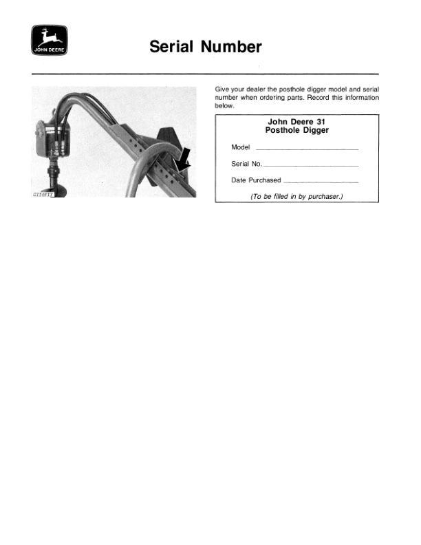 John Deere 31 Posthole Digger For Utility Tractors Operator’s Manual (OMTY3958) Workshop Guide