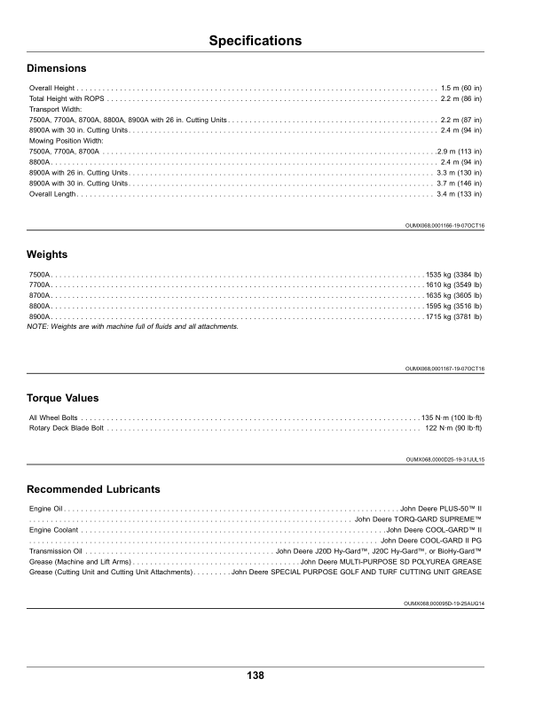 John Deere 7500A, 7700A, 8700A (080001-) 8900A (050001-) PrecisionCut FairwayMowers, 8800A (080001-) TerrainCut Rough Mower Operator’s Manual (OMUC24623) Workshop Guide