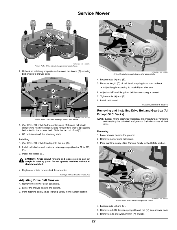 John Deere 60, 72 Inch Side Discharge, 62, 72 Inch Rear Discharge, 60, 72 Inch GLC Side Discharge Decks for Front Mount Mowers (Serial Number 090001-) (Export Edition) Operator’s Manual (OMUC33477) Workshop Guide