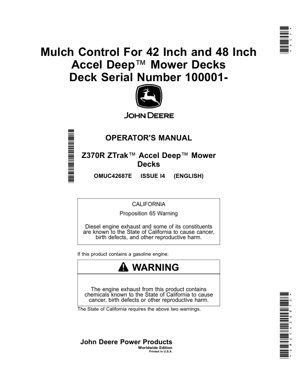 John Deere Mulch Control For 42 Inch, 48 Inch Accel Deep Mower Decks Operator’s Manual (OMUC42687E) Workshop Guide