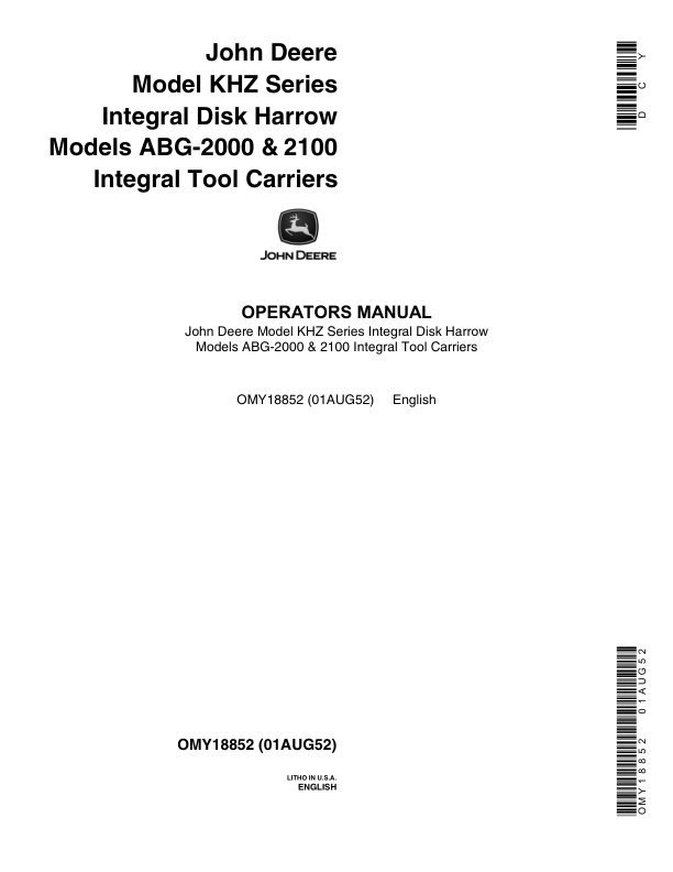 John Deere KHZ Series Integral Disk Harrow Operator’s Manual (OMY18852) Workshop Guide