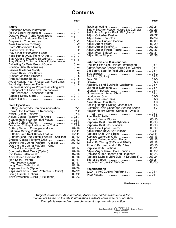 John Deere 622X, 625X, 630X, 635X & 640X Cutting Platforms Operator’s Manual (OMZ201680) Workshop Guide