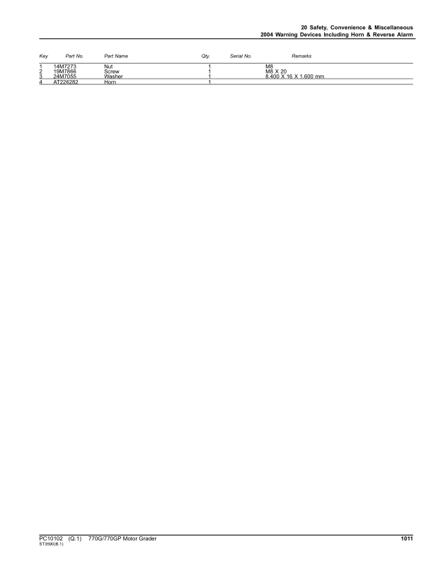 John Deere 770G, 770GP Motor Graders (SN C624392 – 634753 & D624392 – 634753) Parts Catalog Manual – PC10102 Workshop Guide