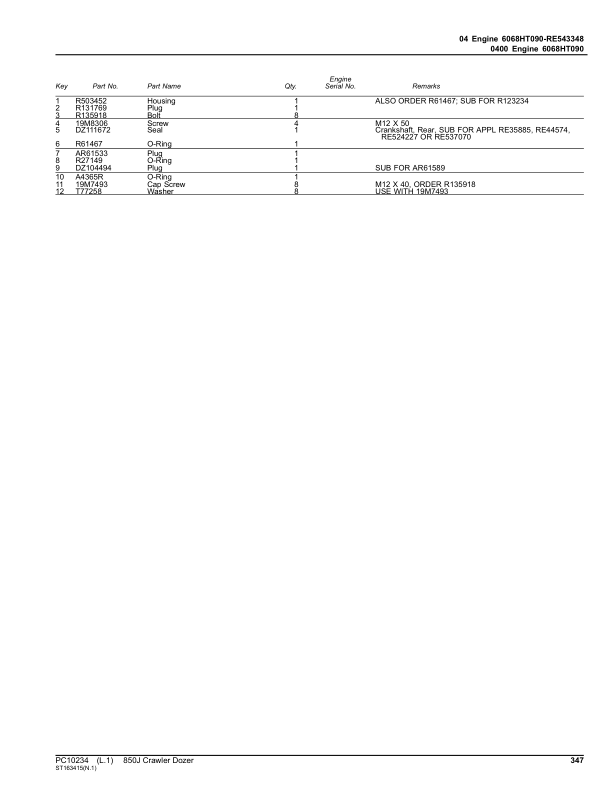 John Deere 850J Crawler Dozers (SN PIN: 1T0850JX_ _C216392–) Parts Catalog Manual – PC10234 Workshop Guide