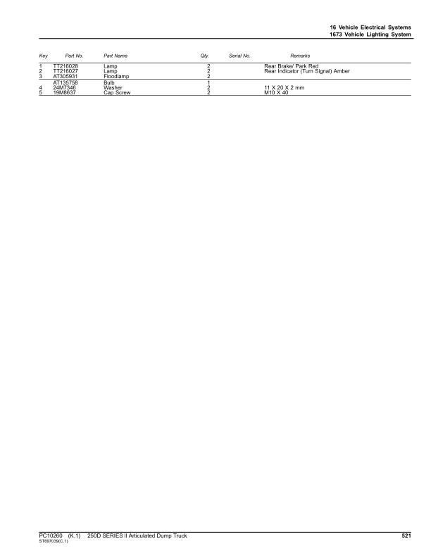 John Deere 250D Articulated Dump Trucks (SN PIN: 1DW250DX_ _E642001–) Parts Catalog Manual – PC10260 Workshop Guide