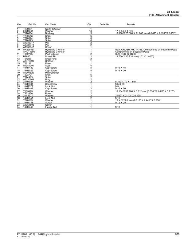 John Deere 644K HYBRID Loaders (SN 1DW644K_ E651322-) Parts Catalog Manual – PC11180 Workshop Guide