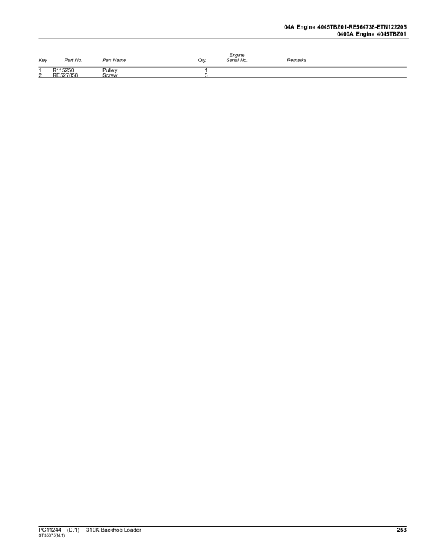 John Deere 310K Backhoes (SN 1BZ310KX_ _C000001) Parts Catalog Manual – PC11244 Workshop Guide