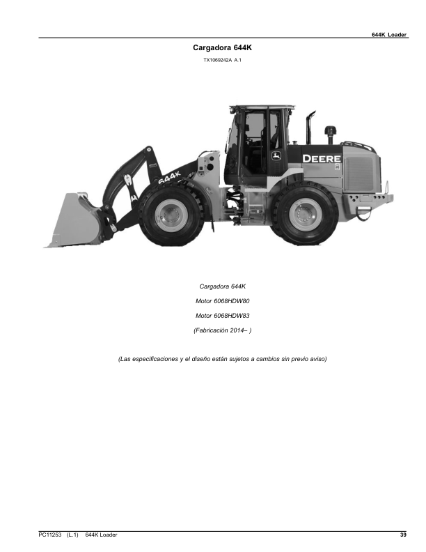 John Deere 644K Loaders (SN C658065- & D658065-) Parts Catalog Manual – PC11253 Workshop Guide
