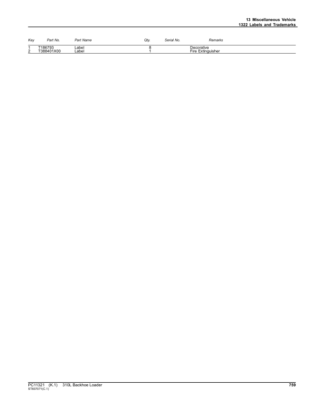John Deere 310L Backhoe Loaders (SN F273920-390995) Parts Catalog Manual – PC11321 Workshop Guide