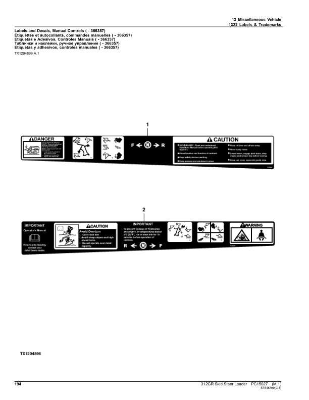 John Deere 312GR Skid Steers (SN 1T0312G_G298752-) Parts Catalog Manual – PC15027 Workshop Guide