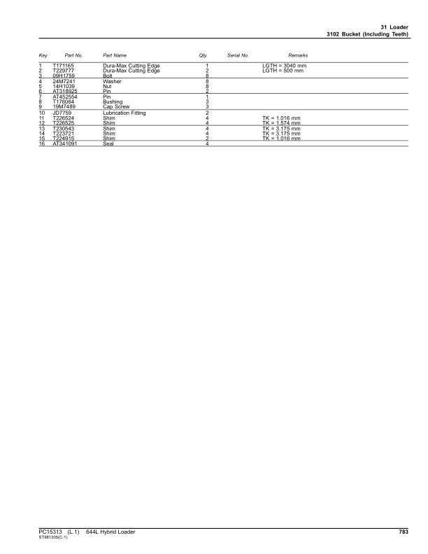 John Deere 644L HYBRID Loaders (SN 1DW644L_ F705243-) Parts Catalog Manual – PC15313 Workshop Guide