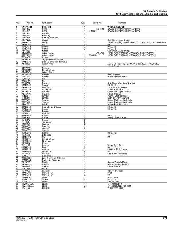 John Deere 316GR Skid Steers (G366358-) Parts Catalog Manual – PC15323 Workshop Guide