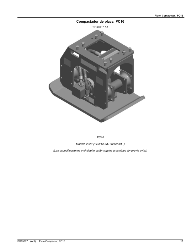 John Deere PC16 Plate Compactor (SN 1T0PC16XT_L0000001-) Parts Catalog Manual – PC15387 Workshop Guide