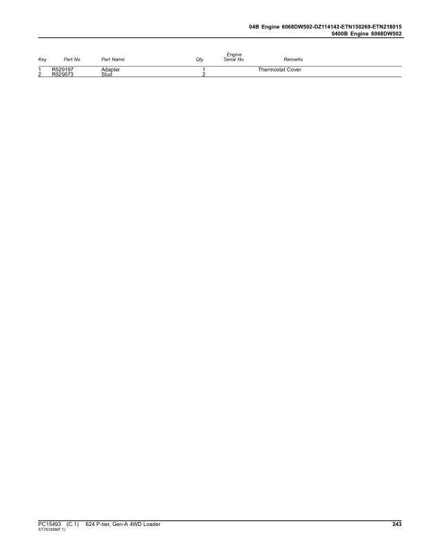 John Deere 624 P-TIER Loaders (SN 1DW624PA_ _L_18490-) Parts Catalog Manual – PC15493 Workshop Guide