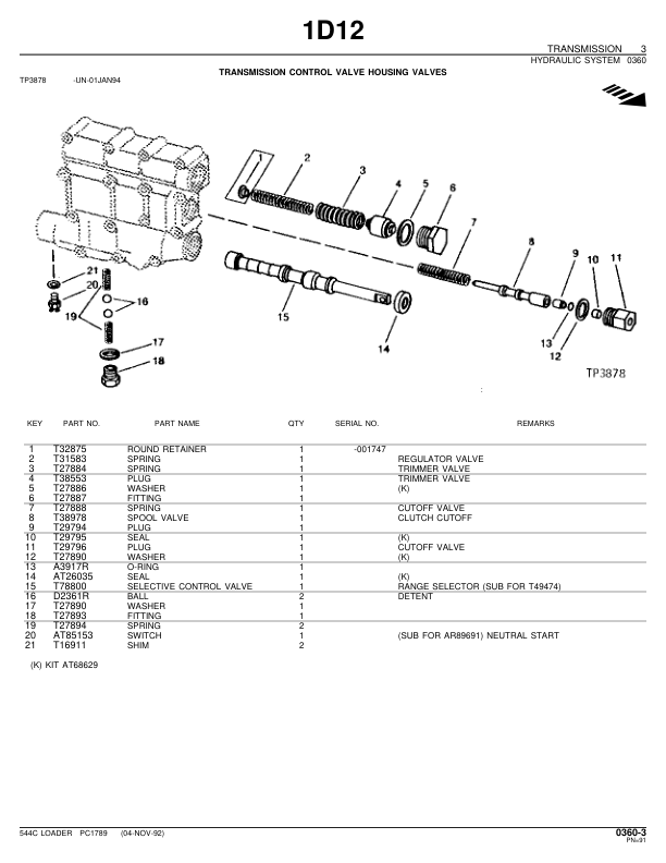 John Deere 544C Loaders Parts Catalog Manual – PC1789 Workshop Guide