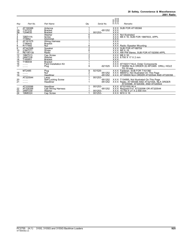 John Deere 310G, 310SG, 315SG Backhoe Loaders Parts Catalog Manual – PC2755 Workshop Guide