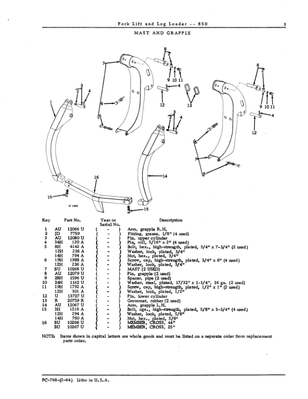 John Deere 850 Attachments (Forklift and Log Logger 850) Parts Catalog Manual – PC768 Workshop Guide