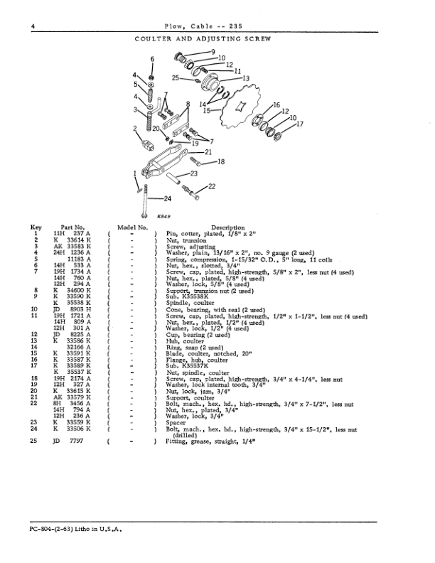 John Deere 235 Attachments (Plow, Cable 235) Parts Catalog Manual – PC804 Workshop Guide