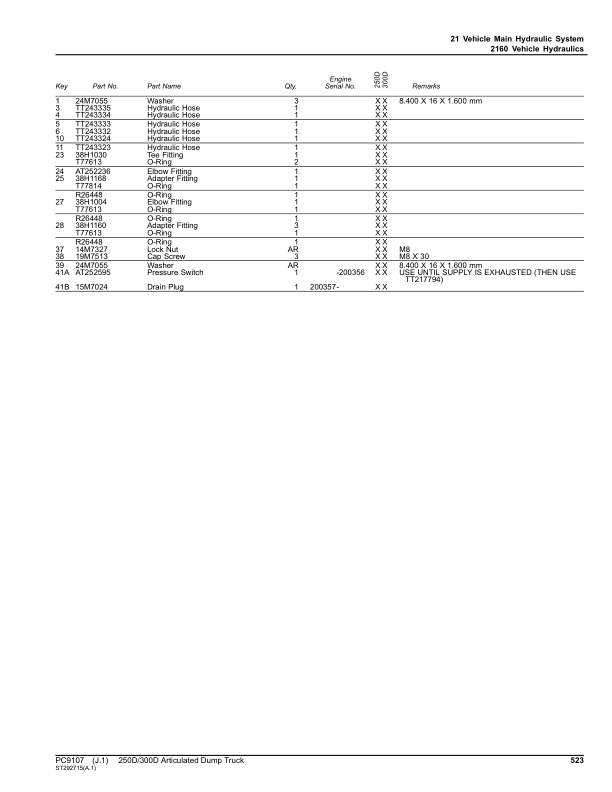 John Deere 250D, 300D Articulated Dump Trucks (DAVENPORT SN -609165 & NON DAVENPORT -201811) Parts Catalog Manual – PC9107 Workshop Guide