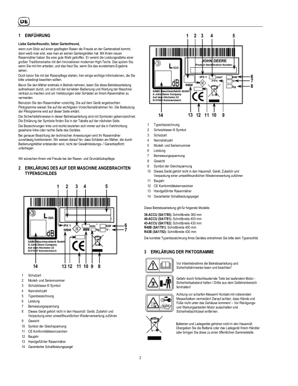 John Deere 36-ACCU, 40-ACCU, 43-ACCU, R40B, R43B Lawn Mowers Operator’s Manual (SAU15065) Workshop Guide