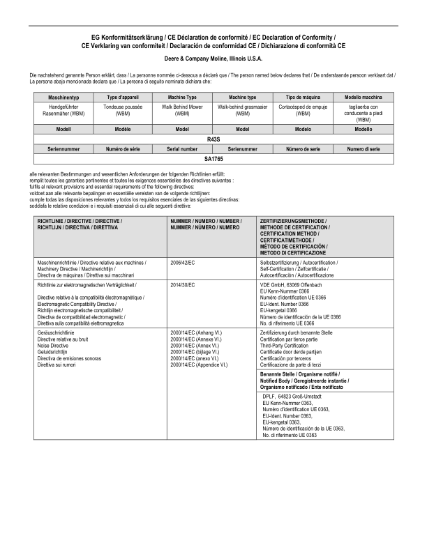 John Deere 43-A ECONOMY, 43-VARIO, 43-VARIO E, R43S, R43V, R43VE Lawn Mowers Operator’s Manual (SAU15624) Workshop Guide