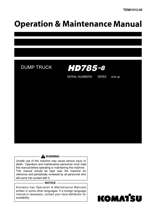 Komatsu HD785-8 Dump Truck Service Repair Manual Workshop Guide