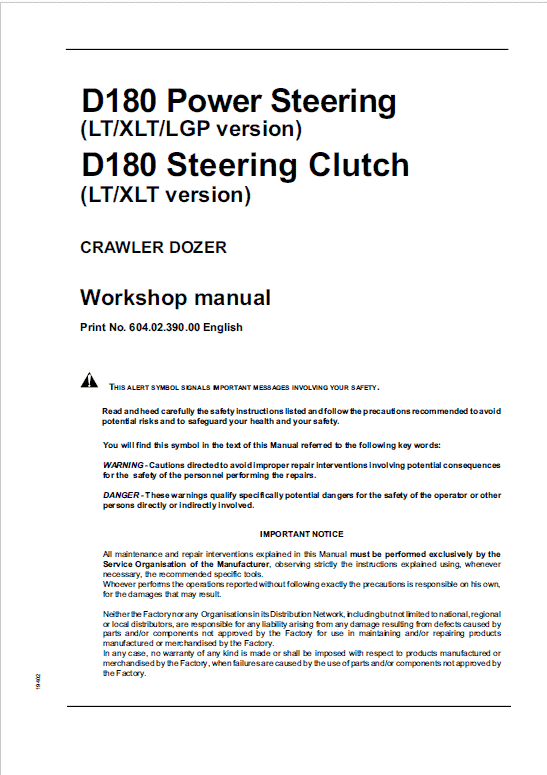 New Holland D180 LT, D180 XLT, D180 LGP Crawler Dozer Repair Service Manual Workshop Guide
