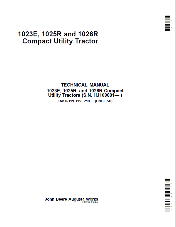 John Deere 1023E, 1025R, 1026R Compact Utility Tractor Service Manual Workshop Guide