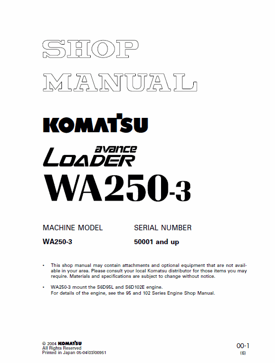 Komatsu WA250-3 Wheel Loader Service Manual Workshop Guide