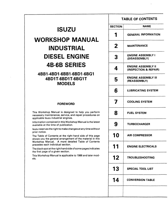 Isuzu 4BB1, 4BD1, 4BD1T Engine Workshop Service Manual Workshop Guide