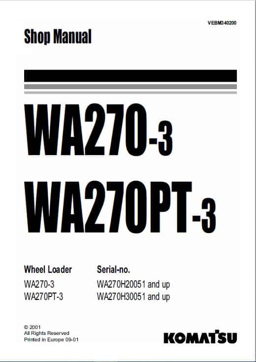 Komatsu WA270-3, WA270PT-3 Wheel Loader Service Manual Workshop Guide
