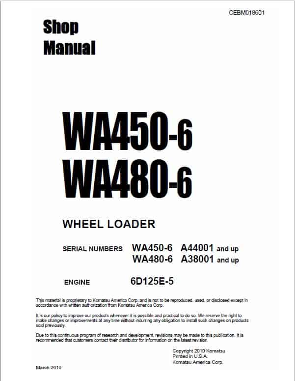 Komatsu WA450-6, WA480-6 Wheel Loader Service Manual Workshop Guide