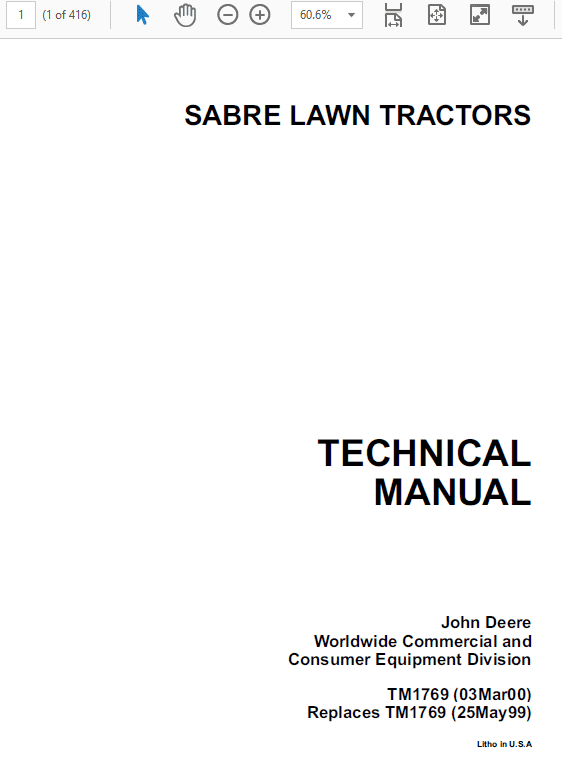 John Deere 1438, 1542, 1642, 1646 Sabre Lawn Tractors Technical Manual Workshop Guide